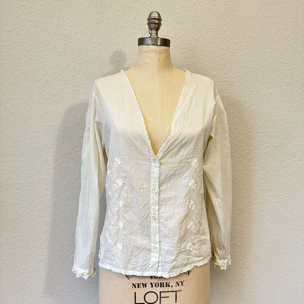 Polder Blouse Ivory Floral Embroidered V-Neck Long Sleeve